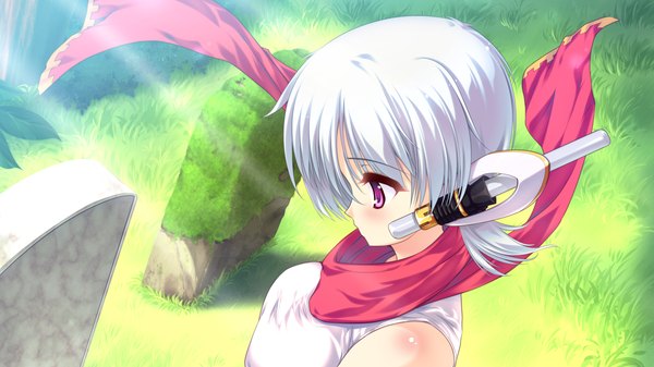 Anime picture 1280x720 with colorful cure arusu makina moric (artist) single short hair wide image purple eyes game cg white hair profile girl scarf