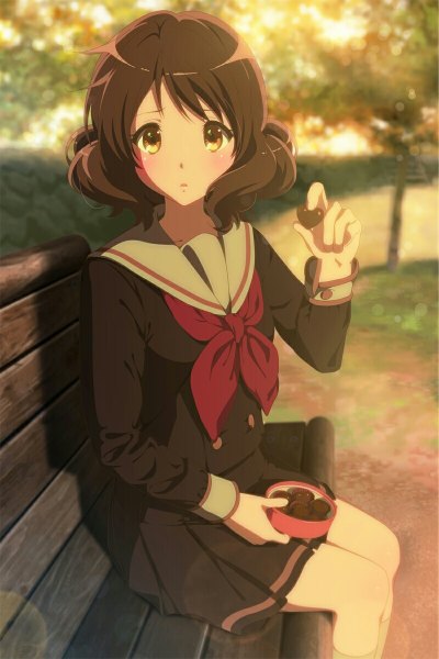Anime picture 800x1200 with hibike! euphonium kyoto animation oumae kumiko sonouchi (bigsummersky) single tall image looking at viewer blush short hair open mouth brown hair sitting brown eyes yellow eyes bent knee (knees) parted lips pleated skirt bare legs shadow evening