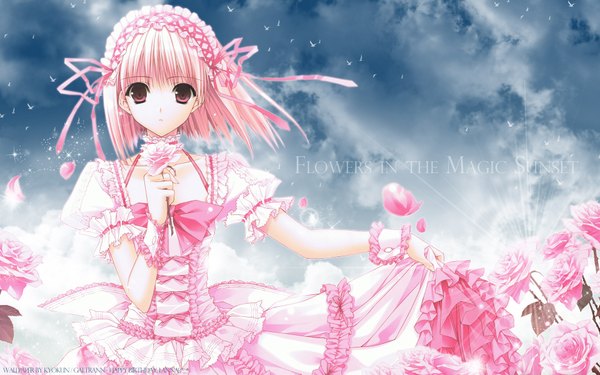 Anime picture 1920x1200 with chronicle-suzuhira hiro artworks suzuhira hiro single looking at viewer fringe highres short hair wide image standing holding pink hair sky cloud (clouds) parted lips pink eyes wind puffy sleeves text frilled dress english