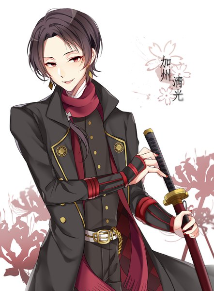Anime picture 600x814 with touken ranbu nitroplus kashuu kiyomitsu pingo single long hair tall image open mouth black hair simple background smile red eyes white background looking away nail polish mole character names low ponytail mole under mouth red nail polish