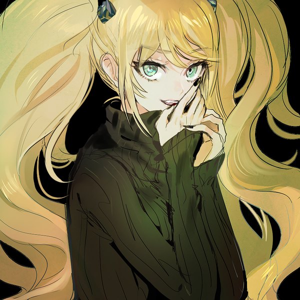 Anime picture 800x800 with dangan ronpa enoshima junko otohime (kk23maa) single long hair looking at viewer fringe blonde hair simple background twintails nail polish aqua eyes fingernails teeth black background wavy hair black nail polish hands on face girl hair ornament