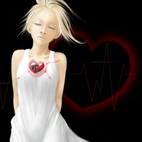 Anime picture 1200x1200 with original iro single short hair breasts blonde hair standing eyes closed lips realistic groin black background hands behind back 3d girl navel heart blood