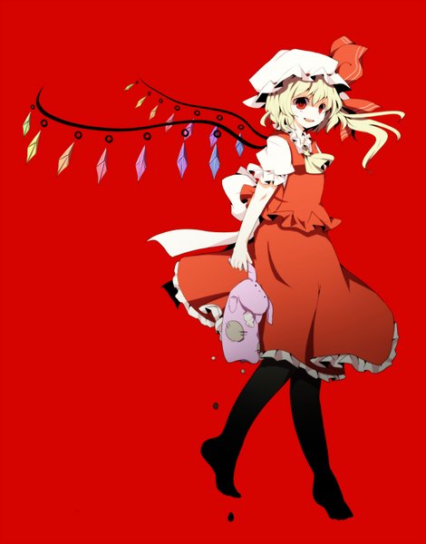 Anime picture 1300x1658 with touhou flandre scarlet pasutel single tall image short hair open mouth simple background blonde hair red eyes red background girl dress skirt wings toy stuffed animal bonnet skirt set crystal