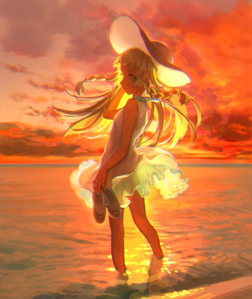 Anime picture 2008x2380 with pokemon pokemon sm nintendo lillie (pokemon) meipu hm single long hair tall image highres blonde hair standing holding green eyes looking away cloud (clouds) braid (braids) looking back light smile wind sunlight