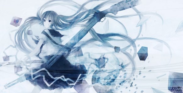 Anime picture 1700x862 with vocaloid unhappy refrain (vocaloid) hatsune miku 72 (nananatsu) long hair wide image twintails girl uniform weapon school uniform serafuku gun rifle cube