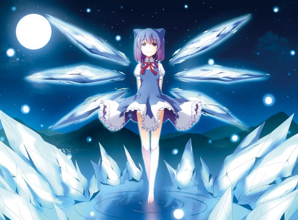 Anime picture 1200x884 with touhou cirno short hair blue hair night girl wings water moon full moon crystal