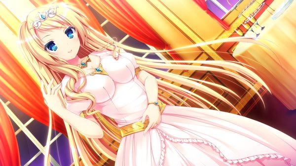 Anime picture 1280x720 with harvest overray giga mikami lilia single long hair blue eyes blonde hair smile wide image game cg girl dress tiara