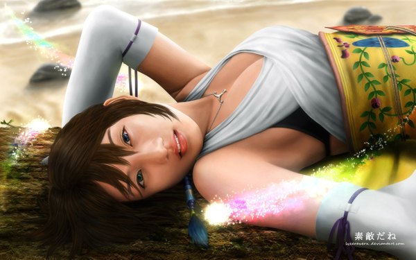 Anime picture 1280x800 with final fantasy final fantasy x square enix yuna (ff10) lyzeravern single short hair blue eyes brown hair wide image lying lips realistic hieroglyph girl gloves elbow gloves pendant