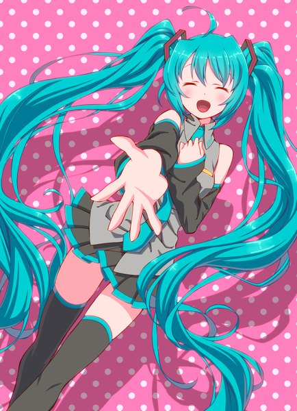 Anime picture 1239x1713 with vocaloid hatsune miku single long hair tall image blush open mouth twintails bare shoulders blue hair ahoge eyes closed pleated skirt outstretched arm happy polka dot polka dot background girl thighhighs uniform