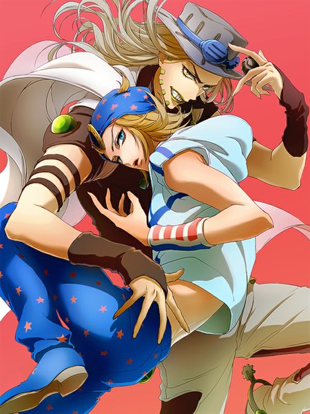 Anime picture 600x800 with jojo no kimyou na bouken steel ball run johnny joestar gyro zeppeli joka (night gate) long hair tall image looking at viewer short hair blue eyes simple background blonde hair yellow eyes parted lips multiple boys lipstick grin facial mark pink background leg lift (legs lift)