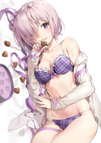 Anime picture 1000x1414 with fate (series) fate/grand order mash kyrielight anmi single tall image looking at viewer blush fringe short hair open mouth light erotic simple background white background purple eyes purple hair lying hair over one eye valentine girl