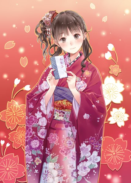 Anime picture 2976x4175 with original pixiv kishida mel long hair tall image blush fringe highres smile brown hair holding brown eyes absurdres ponytail head tilt japanese clothes hair flower scan floral print side ponytail