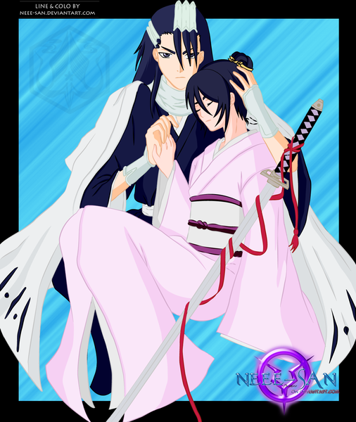 Anime picture 1353x1604 with bleach studio pierrot kuchiki byakuya kuchiki hisana neee-san long hair tall image short hair black hair eyes closed japanese clothes grey eyes coloring holding hands girl boy weapon sword belt kimono