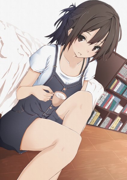 Anime picture 874x1240 with original shirotaso0818 single long hair tall image looking at viewer brown hair sitting brown eyes ponytail indoors girl dress book (books) t-shirt cup shelf bookshelf teacup room