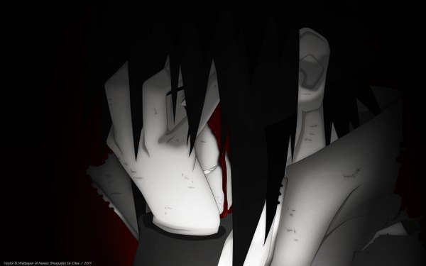 Anime picture 2560x1600 with naruto studio pierrot naruto (series) uchiha sasuke cilou (artist) single highres short hair black hair smile wide image wallpaper black background shaded face covering vector covering face boy blood hand