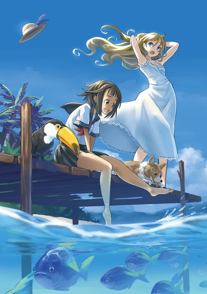 Anime picture 1000x1414 with original kuro oolong long hair tall image fringe short hair blue eyes blonde hair brown hair standing sitting bare shoulders multiple girls sky cloud (clouds) pleated skirt barefoot wind bare legs no shoes