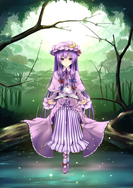 Anime picture 1800x2545 with touhou patchouli knowledge cloudy.r single long hair tall image highres sitting purple eyes absurdres purple hair magic girl plant (plants) tree (trees) book (books) bonnet