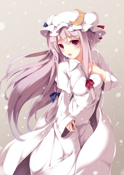 Anime picture 1254x1771 with touhou patchouli knowledge fal maro single long hair tall image looking at viewer blush open mouth purple eyes purple hair snowing crescent girl dress bow hair bow bonnet moon (symbol)