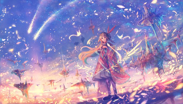Anime picture 1960x1120 with original bounin single long hair highres smile brown hair wide image standing brown eyes looking away sky wind wide sleeves dutch angle lens flare floating island girl hair ornament petals