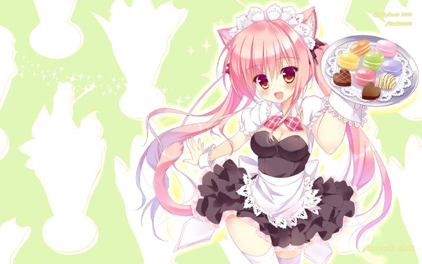 Anime picture 1280x800 with original macaron (ameto yuki) ameto yuki long hair blush open mouth red eyes wide image twintails animal ears pink hair cat ears maid cat girl cat tail girl thighhighs white thighhighs food headdress
