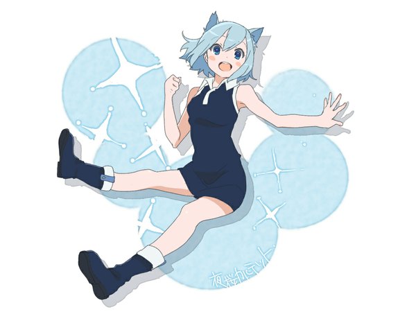 Anime picture 1000x750 with yozakura quartet nanami ao ume (plumblossom) single looking at viewer blush short hair open mouth blue eyes simple background smile white background animal ears blue hair full body cat ears hieroglyph falling girl dress