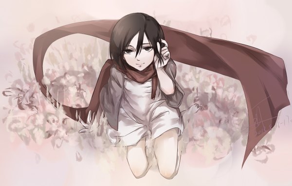 Anime picture 2746x1753 with shingeki no kyojin production i.g mikasa ackerman mizore (artist) single looking at viewer highres short hair black hair light smile black eyes girl dress scarf