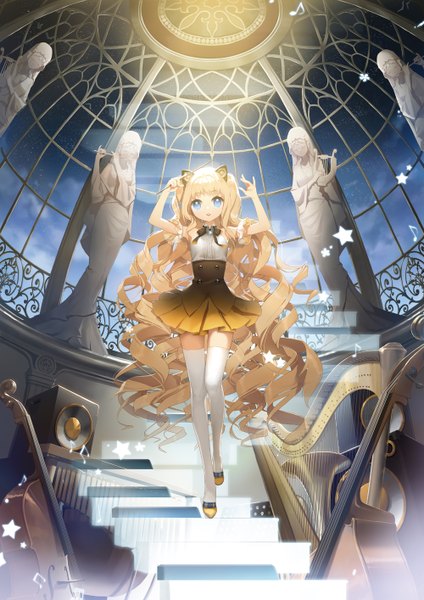 Anime picture 1000x1414 with vocaloid seeu salt (salty) single long hair tall image looking at viewer open mouth blonde hair smile standing bare shoulders holding animal ears sky very long hair cat ears arms up drill hair curly hair