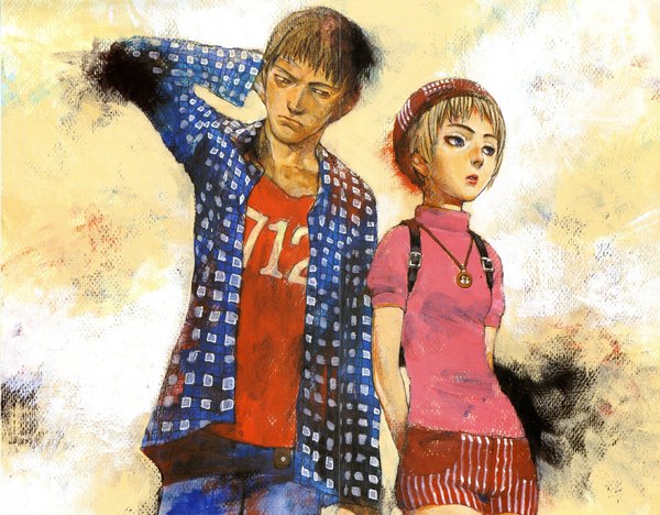 Anime picture 1846x1441 with samura hiroaki highres short hair blue eyes blonde hair brown hair brown eyes scan open clothes open shirt scar hands behind back striped yellow background plaid girl boy shorts beret clock