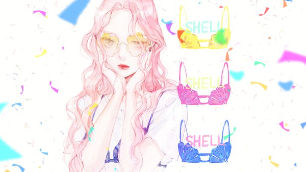 Anime picture 1890x1063 with original moss (2225028) single long hair looking at viewer highres wide image brown eyes pink hair upper body lipstick wavy hair chin rest girl sunglasses bikini top