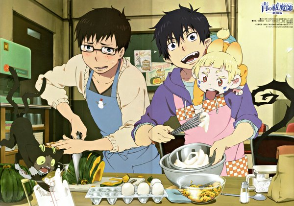 Anime picture 2000x1405 with ao no exorcist a-1 pictures okumura rin okumura yukio kuro (ao no exorcist) usamaro looking at viewer blush fringe highres short hair open mouth black hair blonde hair smile animal ears tail blunt bangs animal tail pointy ears