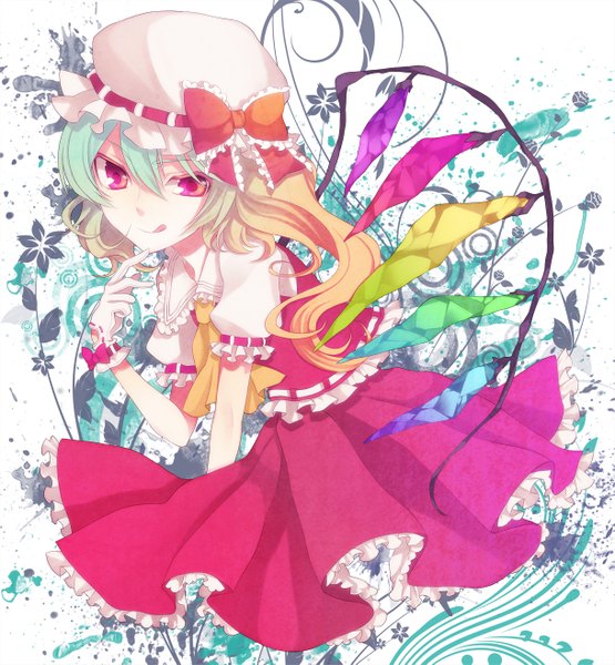 Anime picture 1217x1315 with touhou flandre scarlet macco (artist) single tall image smile red eyes multicolored hair one side up :p girl dress skirt gloves flower (flowers) bow hat wings tongue skirt set