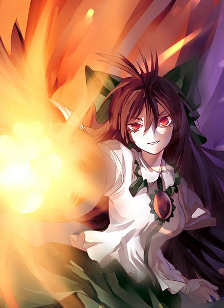 Anime picture 618x850 with touhou reiuji utsuho eredhen single long hair tall image looking at viewer black hair smile red eyes outstretched arm glowing messy hair arm cannon girl bow weapon hair bow