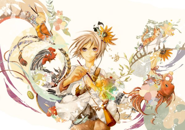Anime picture 1500x1053 with original bee cosine single looking at viewer short hair blue eyes simple background blonde hair smile white background hair flower boy hair ornament flower (flowers) plant (plants) animal shirt food bird (birds) cat