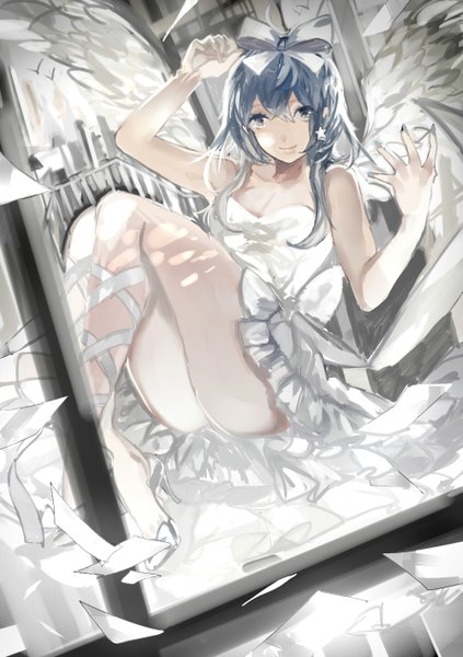 Anime picture 1000x1418 with original manbou no shigai single long hair tall image looking at viewer blue eyes light erotic smile sitting bare shoulders blue hair angel wings girl dress ribbon (ribbons) hair ribbon wings frills white dress