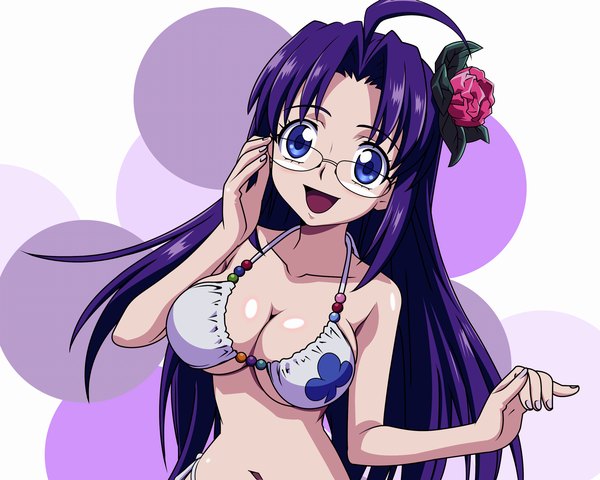 Anime picture 2560x2048 with basquash! satelight single long hair highres breasts blue eyes light erotic simple background large breasts blue hair vector polka dot hand on face polka dot background girl navel flower (flowers) glasses rose (roses)