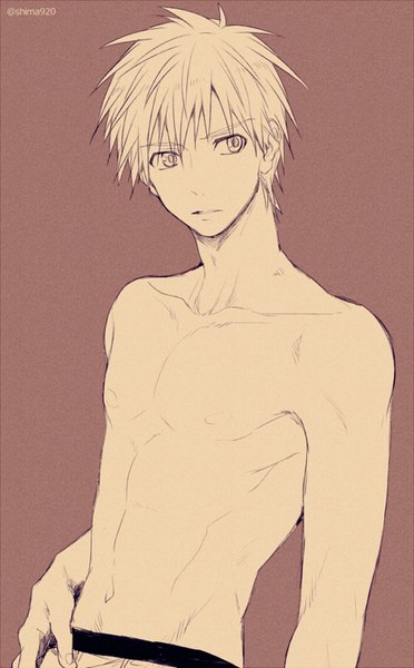 Anime picture 500x805 with kuroko no basket production i.g kuroko tetsuya mashima shima single tall image short hair light erotic simple background signed looking away hand on hip monochrome topless spiked hair boy