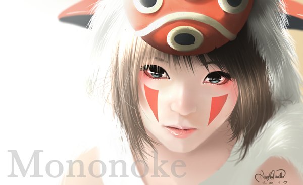 Anime picture 1173x716 with mononoke hime studio ghibli san angela vianello single short hair blue eyes brown hair wide image signed realistic inscription close-up eyeshadow mask on head face paint girl fur mask