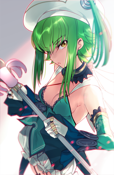 Anime picture 650x997 with code geass .hack// .hack//g.u. sunrise (studio) c.c. creayus single long hair tall image looking at viewer fringe breasts light erotic hair between eyes twintails bare shoulders holding yellow eyes head tilt green hair