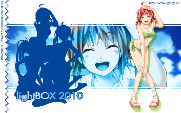 Anime picture 1920x1200 with original g yuusuke highres smile wide image ahoge red hair eyes closed zoom layer silhouette girl swimsuit bikini