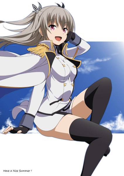 Anime picture 992x1403 with qualidea code tenkawa maihime sanohiramugi single long hair tall image looking at viewer breasts open mouth smile sitting purple eyes twintails sky cloud (clouds) bent knee (knees) :d grey hair sunlight arm support