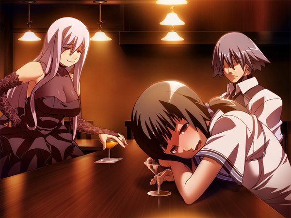 Anime picture 1024x768 with hotel (game) blush open mouth black hair multiple girls brown eyes game cg grey hair girl dress boy gloves 2 girls elbow gloves cocktail glass