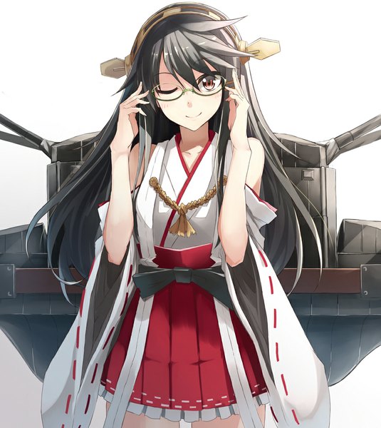Anime picture 900x1008 with kantai collection haruna battleship yashiro (silver will) single long hair tall image looking at viewer black hair simple background smile red eyes white background bare shoulders traditional clothes one eye closed wink girl weapon glasses