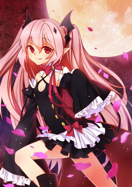 Anime picture 1061x1500 with owari no seraph wit studio kururu tepes mowmow26 single long hair tall image looking at viewer smile hair between eyes red eyes pink hair long sleeves pointy ears two side up girl dress hair ornament bow detached sleeves