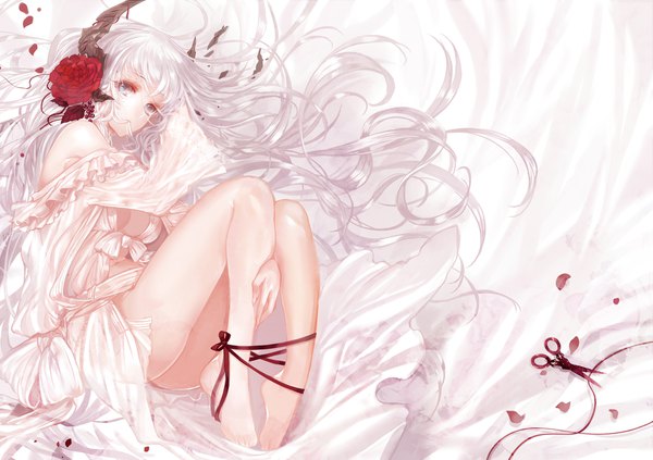 Anime picture 2048x1446 with original ut (apt) single long hair looking at viewer highres breasts blue eyes light erotic white hair barefoot hair flower horn (horns) bare legs girl flower (flowers) ribbon (ribbons) petals scissors