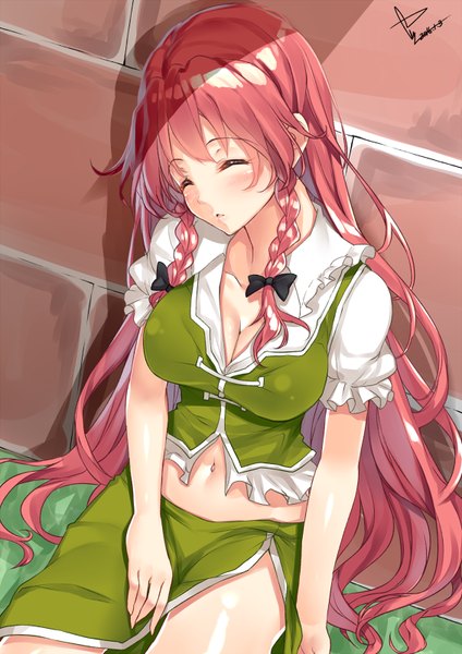 Anime picture 566x800 with touhou hong meiling yappen single long hair tall image blush fringe breasts light erotic red eyes large breasts sitting signed cleavage braid (braids) eyes closed traditional clothes from above bare belly