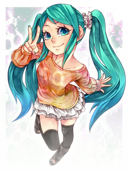Anime picture 750x1000 with vocaloid hatsune miku wakatsuki you single tall image fringe simple background smile twintails long sleeves very long hair aqua eyes fingernails from above aqua hair victory long fingernails girl thighhighs skirt