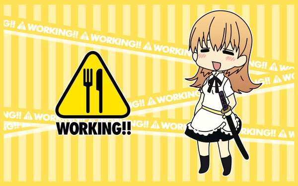 Anime picture 1920x1200 with working!! a-1 pictures todoroki yachiyo single long hair blush highres open mouth blonde hair wide image full body eyes closed inscription waitress girl weapon sword socks katana black socks