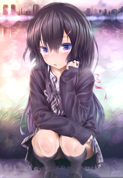 Anime picture 1530x2210 with original wingheart single long hair tall image looking at viewer blush fringe open mouth black hair shiny skin city multicolored eyes girl uniform hair ornament ribbon (ribbons) plant (plants) school uniform socks