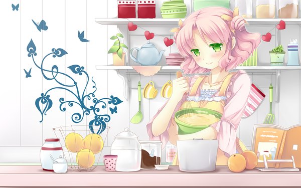 Anime picture 1920x1200 with cafe sourire cuffs (studio) mizushima kasumi natsume eri single blush highres short hair smile wide image green eyes pink hair cooking girl food heart apron