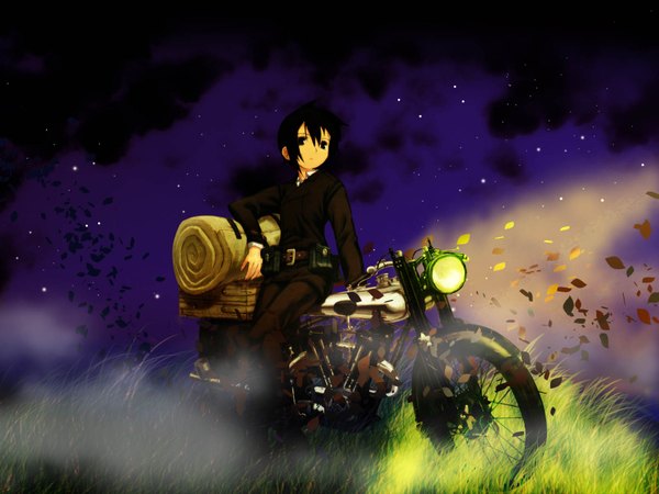 Anime picture 1600x1200 with kino no tabi kino (kino no tabi) hermes kuroboshi kouhaku tatekane single looking at viewer fringe short hair black hair hair between eyes outdoors night third-party edit girl plant (plants) leaf (leaves) grass ground vehicle motorcycle